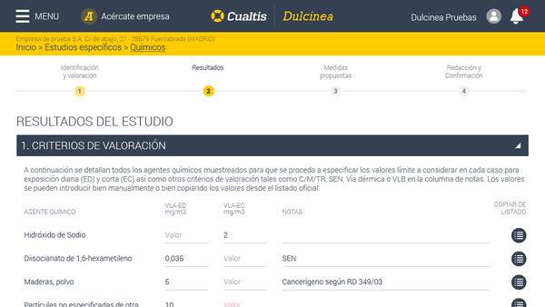 Captura de pantalla aplicacion Dulcinea. Interfaz de usuario en una del las páginas de informes.