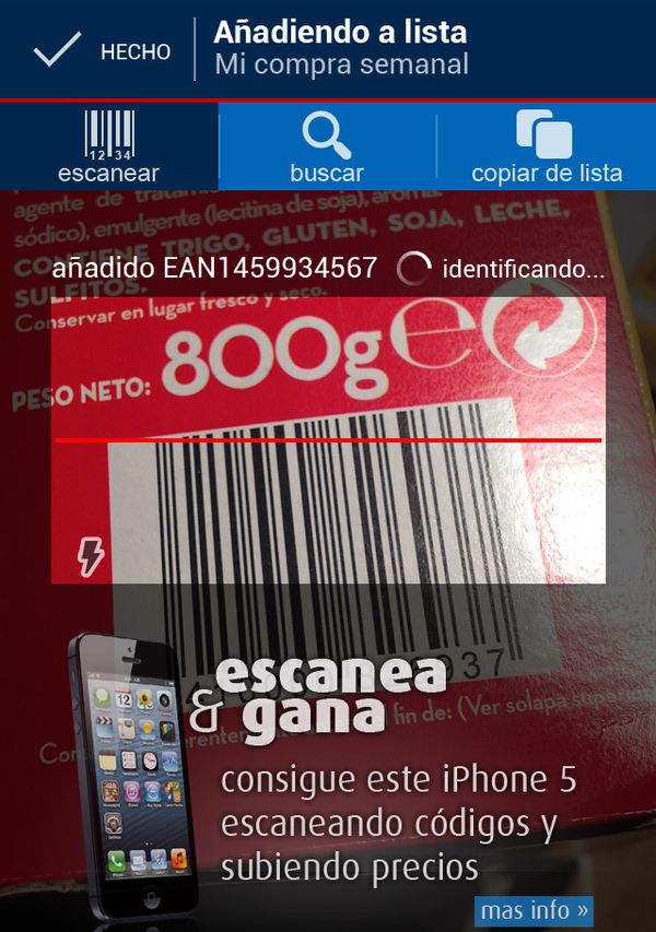 Captura de pantalla de la aplicación Supertruper. Vista de la inerfaz de escaneo de códigos