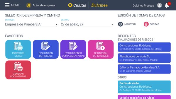 Captura de pantalla aplicacion Dulcinea. Menú principal.